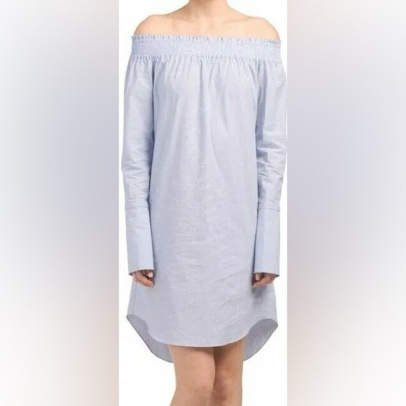 DEREK LAM 10 CROSBY Off-Shoulder Oxford Mini Dress - Picture 1 of 8